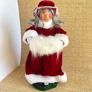 Handmade Mrs Claus Figure Folk Art Doll Red Velour Fur Trim OOAK Holiday